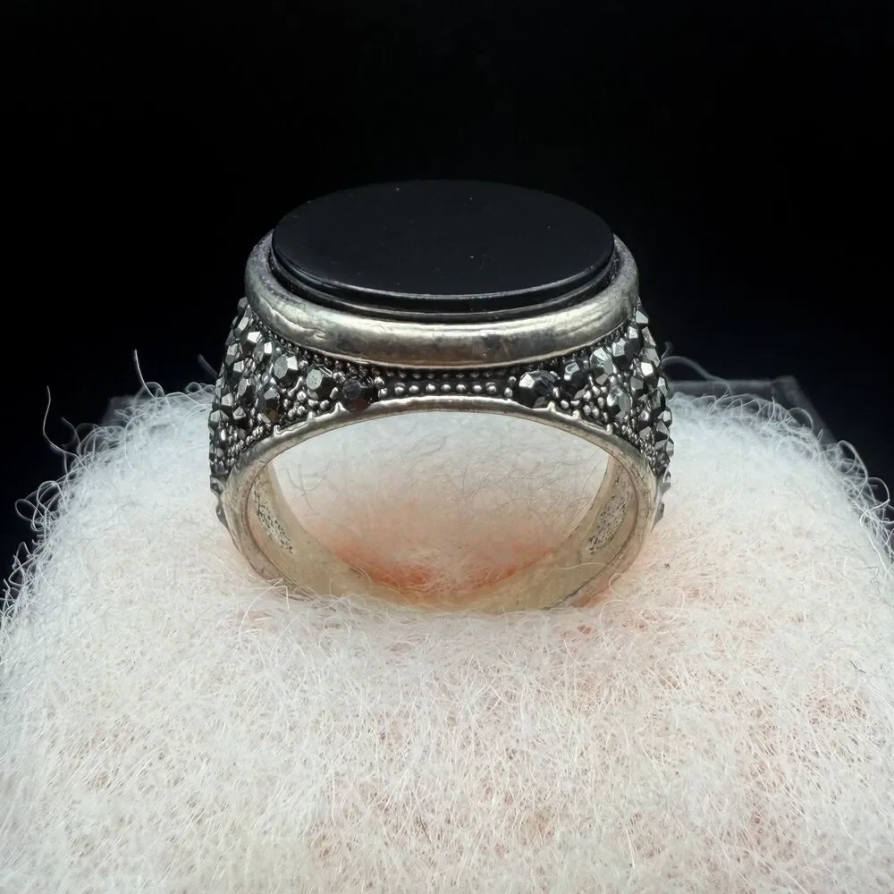 Vintage Men Silver Black Onyx Signet Ring Marcasite Ottoman Band Size 8